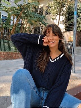 Dazy Cable Knit V-Neck Sweater Navy Preppy Oversized Collegiate Size M